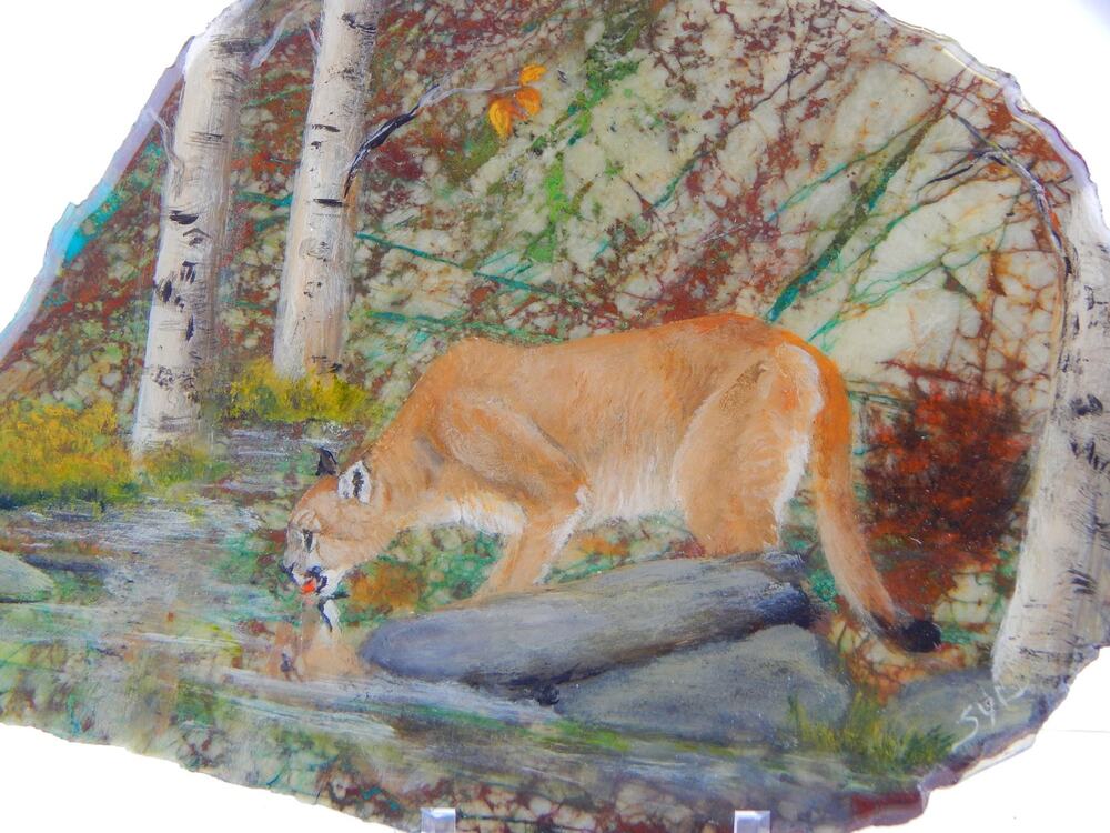 Cougar Art Scene on Granite & Chrysocolla Stone Slice, Art Home Decor
